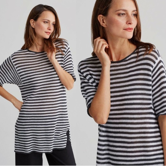 Eileen Fisher Tops - BOGO! Eileen Fisher Organic Linen Knit Top Gray Striped Tunic Size Large